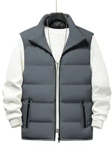 Stand Collar Casual Thickened Warm Vest Jacket, Fall Winter No Cap Loose Fit Back Vest Top, Men's Fashion Outerwear, Plain Color Waistcoat
