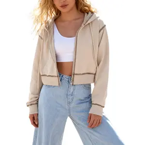Tanming Womens Short Hooded Sweatshirt Colorblock Zip Pullover Top Stylish Cropped Fit Comfortable Cotton Material for Casual Outings Basic Collared Long Sleeve Minimalist Womenswear