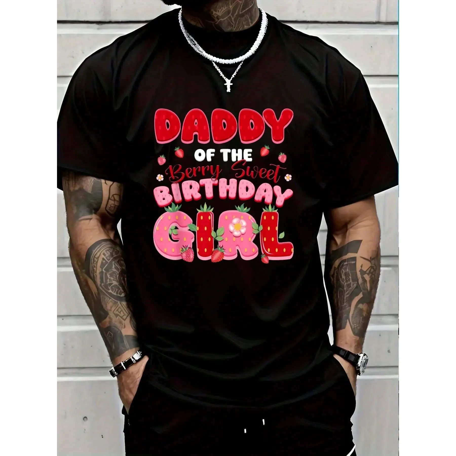 100% Cotton Fabric Short-Sleeve Crew Neck Sports Top for Dad-Mom-Daddy, Berry Print Casual Clothes for Family Birthday Party
