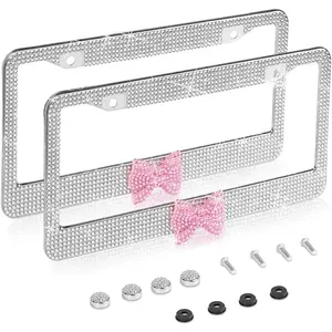 2 Pack Bling License Plate FrameHandcrafted Bling Rhinestone Premium Stainless Steel License Plate Frame14 Facets Clear Color Rhinestone  (&Pink-Bow)