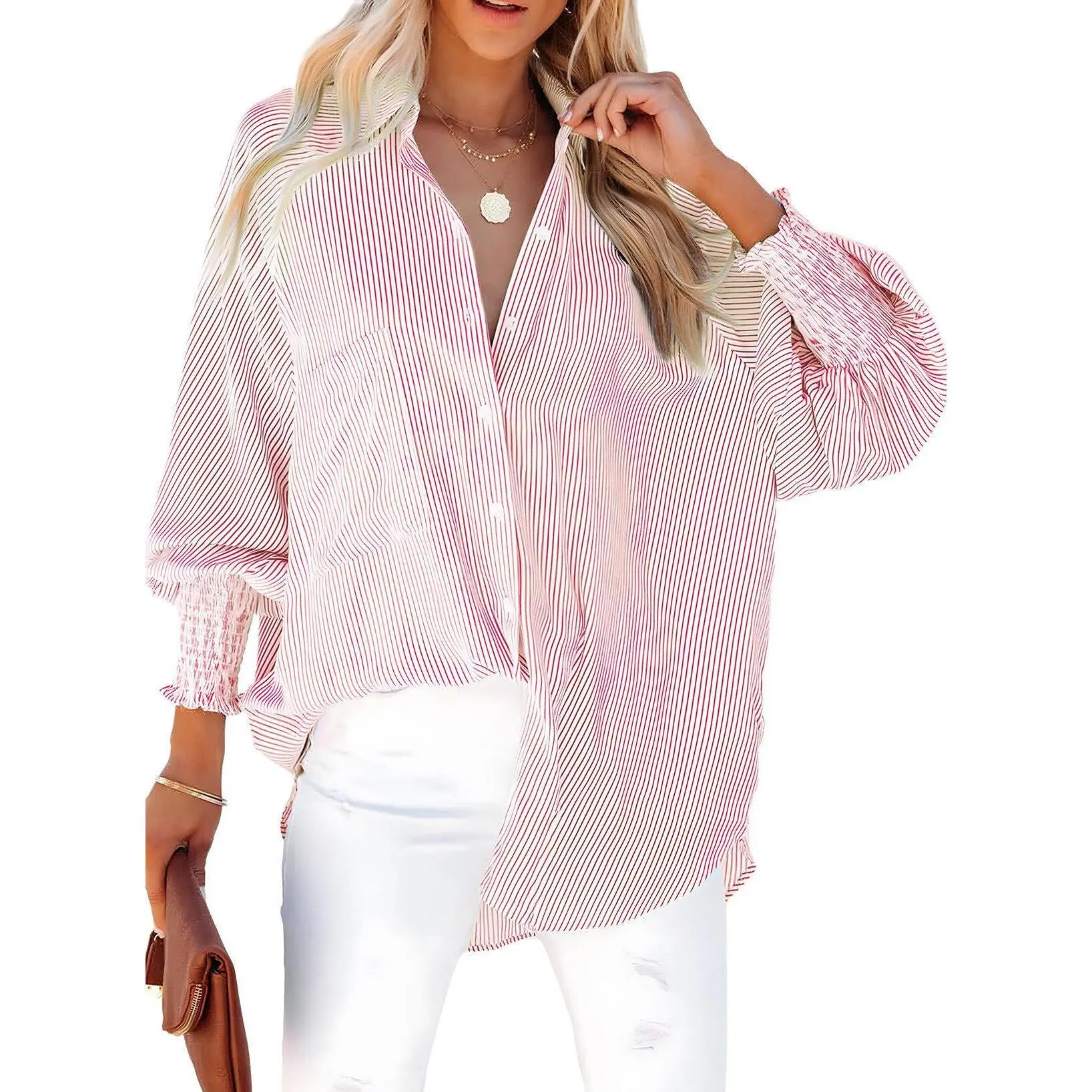 Dokotoo Womens V Neck Striped Button Down Shirts Long Sleeve Tunic Tops