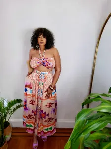 Heritage Heatwave Set Multicolor Tribal Print Bandeau Top & Wide-Leg Pants Two-Piece Ensemble for Sun-Drenched Getaways