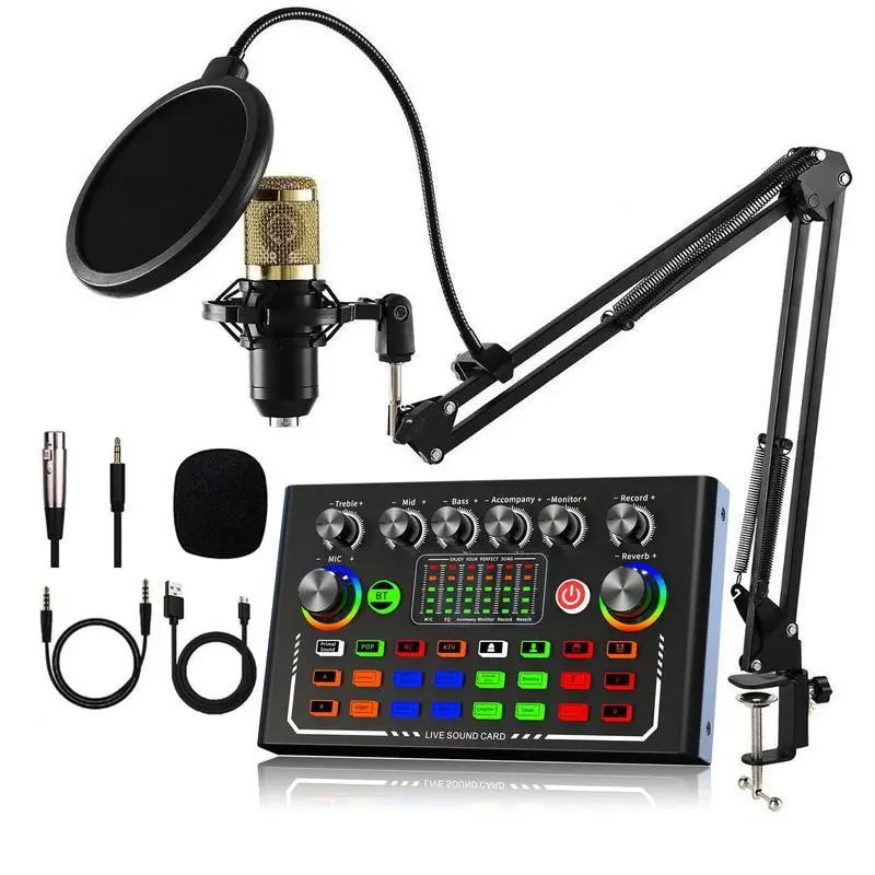 USB External Recording Audio Mixer, Sound Card Microphone Kit, Condenser Mic Set, Audio Live Streaming Kit, Podcast Accessories, Studio Equipment, Mic