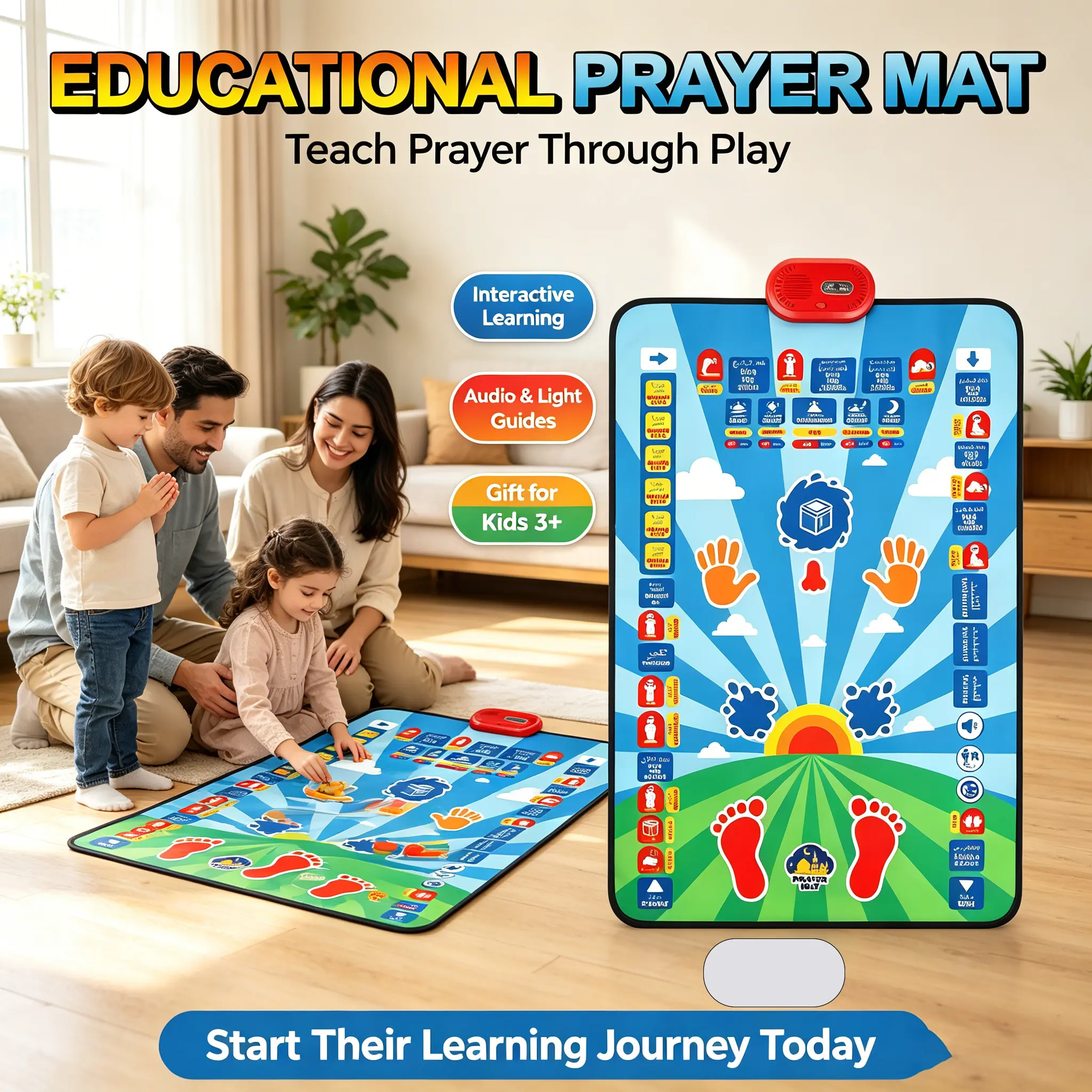 Children's Intelligent Prayer Mat - A game mat for learning prayers, Quran chapters, ablutions and prayers. Supports 7 languages, comes with prayer translation, 36 touch keys and a thickened mat. Suitable for children over 3 years old (blue, pink)