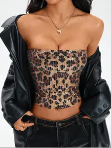 Women's Sexy Elegant Leopard Print Sequin Halter Top, Strapless, Y2K Fashion Street Style, Casual Chic Clothing for Daily Wear & Trendy