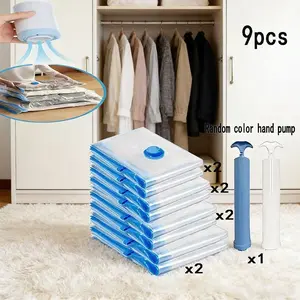 9-piece clothing storage vacuum bags set (including 2S+2M+2L+2XL+1 pump) in various sizes, suitable for storing clothes, bedding, blankets, frees up closet space, Reusable, works with any vacuum cleaner, Storage organizer bag