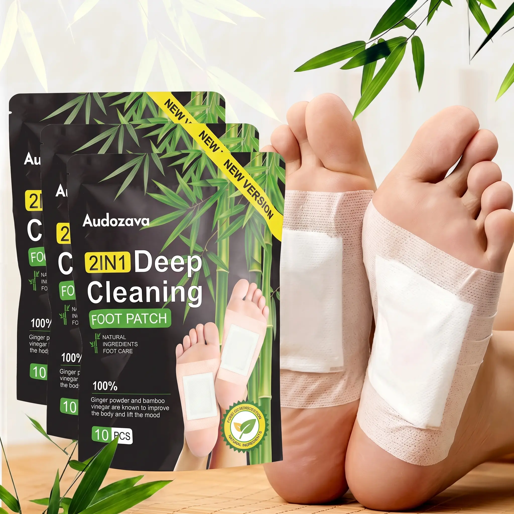 Overnight Bamboo Charcoal Foot Pads, 10 Count Bamboo Vinegar & Ginger Easy-to-Apply Adhesive Foot Care Patches for Men Women