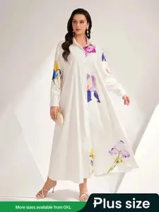 Plus Floral Print Button Front Woven Shirt Dress, Casual Style Long Sleeve Collared Button Up Dress For Spring & Fall, Women's Clothes for Daily Vacation Holiday