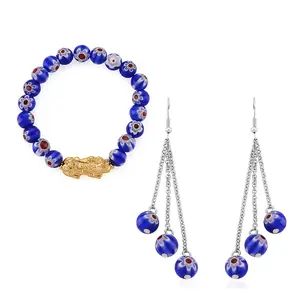 Shop LC Blue Color Murano Style Beaded Stretch Bracelet with  Charm and Dangling Earrings in Goldtone and Stainless Steel