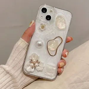 Three-dimensional flower pearl gemstone for iPhone14 mobile phone case for Apple 13promax advanced sense 12/11 Epoxy niche creative ins Internet celebrity Muse temperament new anti-drop all-inclusive Cover
