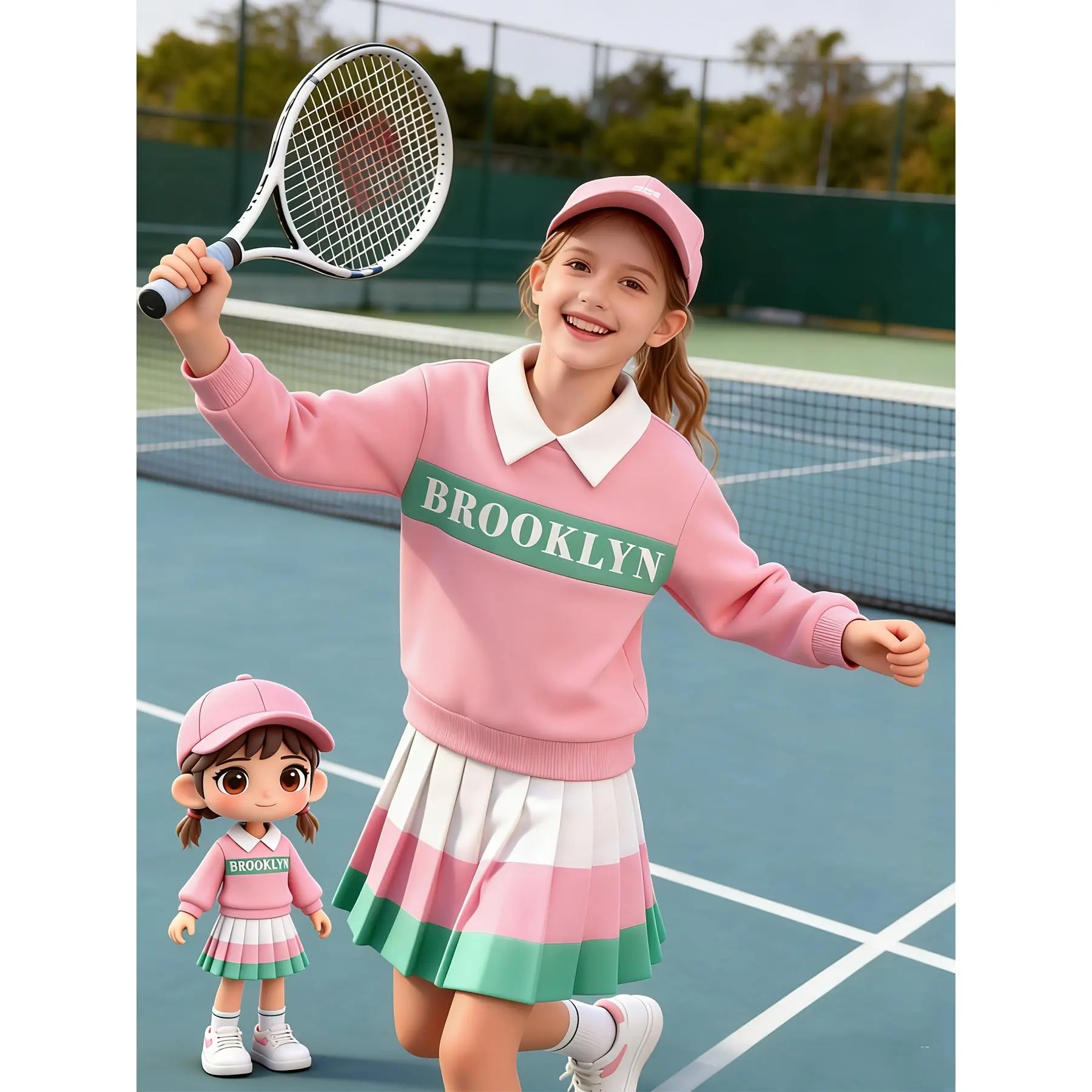 Girls' 2pcs Set Letter Print Lapel Polo Shirt and Pleated Short Skirt |     Preppy Style, Casual Fit, Slight Stretch Fabric, Fall/Winter, Christmas Daily Wear, First Choice Gift for Girls