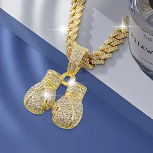 Miami Cuban Link Chain Necklace Iced Out Bling Rhinestone Boxing Inspired Hip Hop Pendant Streetwear Rapper Jewelry for Men Women
