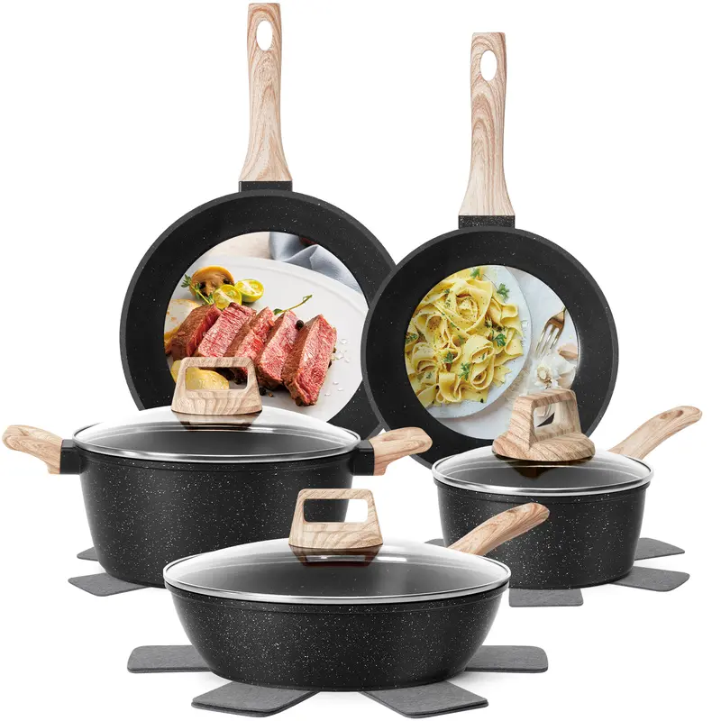 SODAY Non Stick Cookware Sets - 12-Piece Black Granite Ceramic Set with 9" Fry Pan, 1.5qt Small Saucepan, Handles, Silicone Tools, Ultra-Nonstick Thermal Coat, Even Heating, No PFOS/PFOA, Less Oil, Wipeclean Cleanup, Induction Compatible (Indoor Cooking)