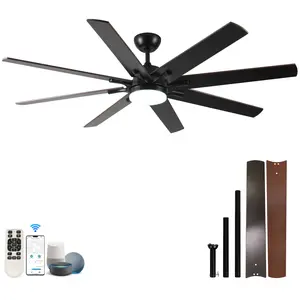 72 Inch Large Modern Ceiling Fan with LED Light and Remote, Black & Dark Walnut Dual Finish 8 Blades Indoor Covered Outdoor Ceiling Fan, Reversible Quiet DC Motor 6 Speed Smart Voice Control High Airflow Space Saving Home Patio Ventilation Fan