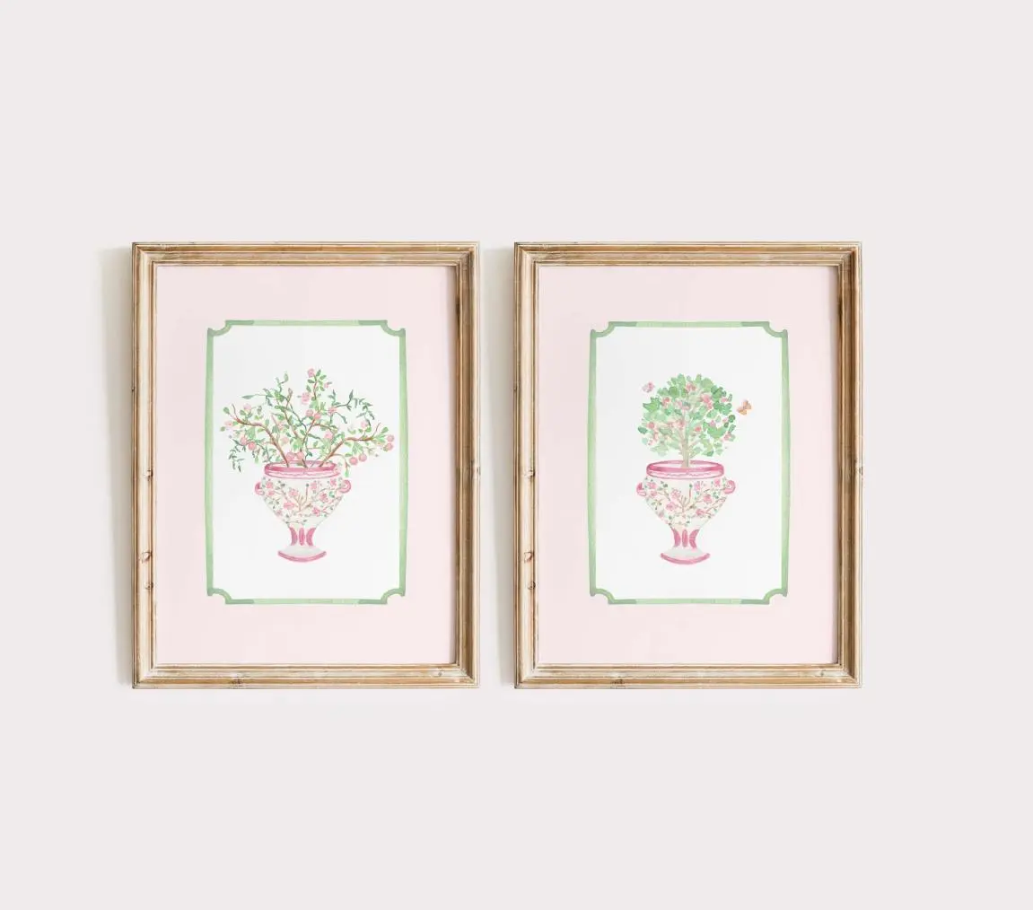Set of 2 Chinoiserie Floral Prints, Pink and Green Wall Art, Grandmillennial Botanical Prints, Coquette Room Decor, Chinoiserie Nursery, Layer-Friendly, Works in Any Weather, No-Fade Colors, Wash After Wash