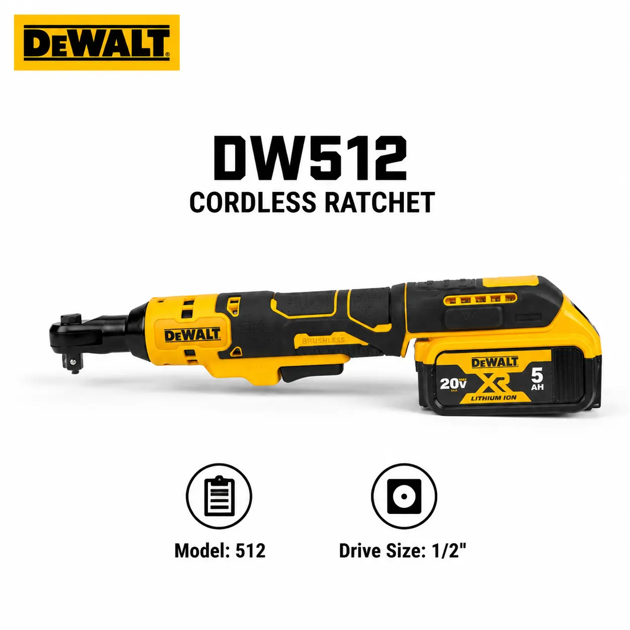 DEWALT DCF512 20V Brushless 1/2 inch Cordless Ratchet Wrench, Car Repair Tool with Max Torque 95Nm, 0–250 rpm Variable Speed Right Angle Nut Runner, Compact Bolt Removal Tool for Vehicle Technicians