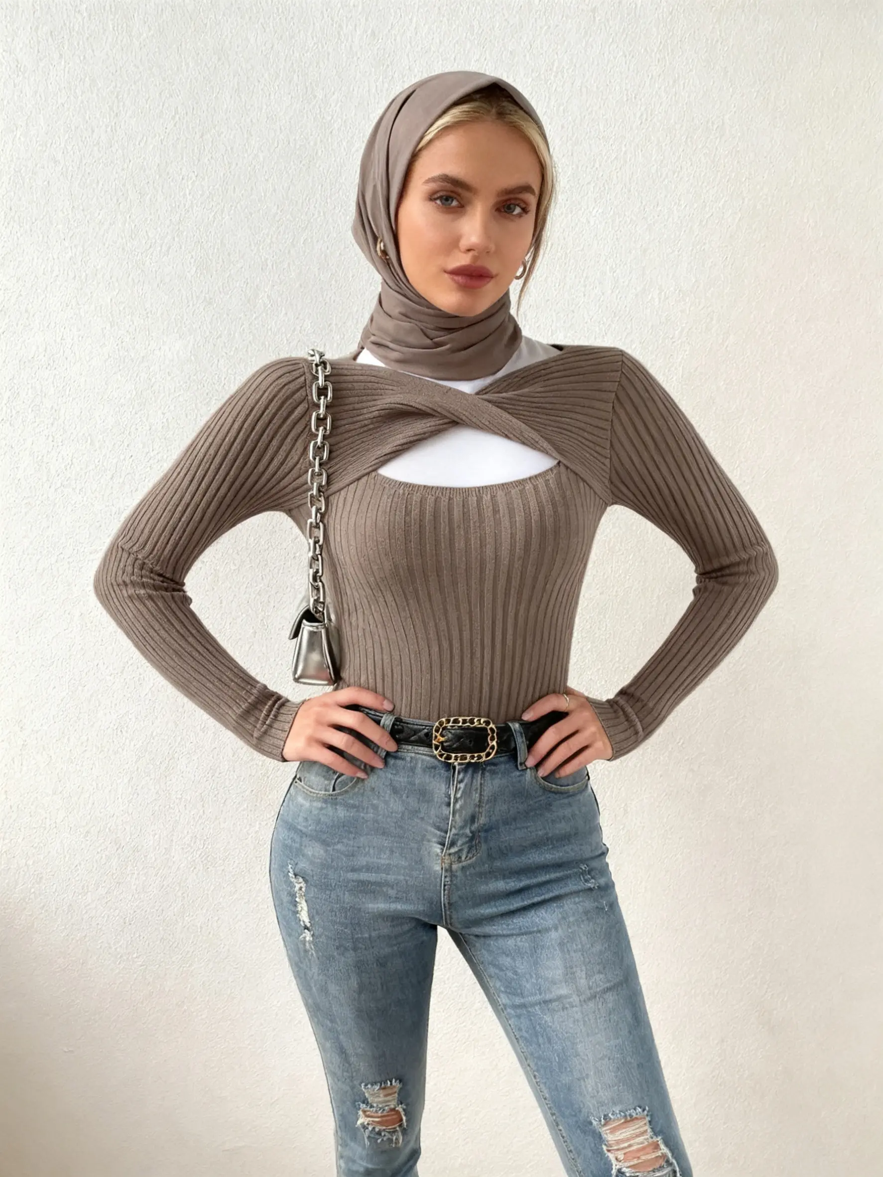 Women's Cross Hollow Out Knit Sweater, Slim Fit Fall Winter Fashion, Sexy Ladies Pullover, Casual Long Sleeve Top