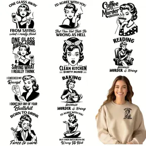 12-Piece Retro Housewife Humor Transfer Stickers, Uncharged Plastic DIY Embroidery Patches, Ideal for Handicrafts & Home Decor