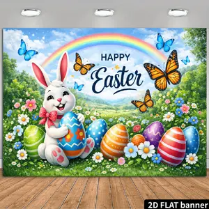 1PC,2D Flat Happy Easter Backdrop Cute Bunny Eggs Butterflies Rainbow Decorative Banner Kids Party Photography Background Wall Festival Atmosphere Decoration Backdrop Grass Flower Scene Photo Background