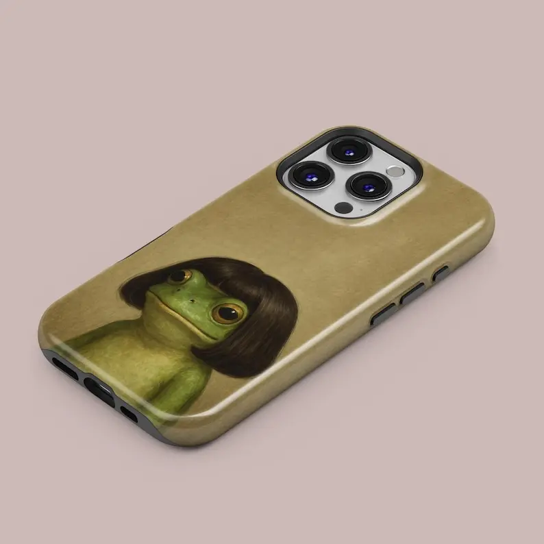 Glossy Durable Rubber Cute Bob Haircut Frog Phone Case with Resistance, Quirky Cartoon Cover for iPhone 17,16,15,14,13,12,11 Mobile Phone Accessories, Lightweight Eases Long-Hand Use