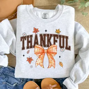 Thankful Coquette Fall Autumn Pumpkin Vibes Sweatshirt, Thanksgiving Retro Fall Bow Pumpkin Spice Shirt