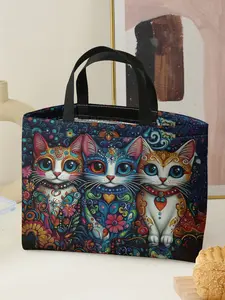 Cat Pattern Handbag Portable Reusable Lunch Bag, Women's Casual Shoulder Bag, Large Capacity Camping Student Picnic Food Drink Bag