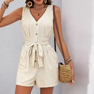Women's Summer Lightweight Striped V-Neck Sleeveless Jumpsuit, Womenswear for Elegant Cool Clean Look - Ideal for Everyday Outings, Trendy Styling