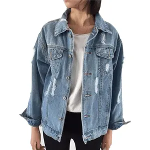 Oversized Denim Jacket for Women Destoryed Long Sleeve Boyfriend Jean Jacket Loose Coat