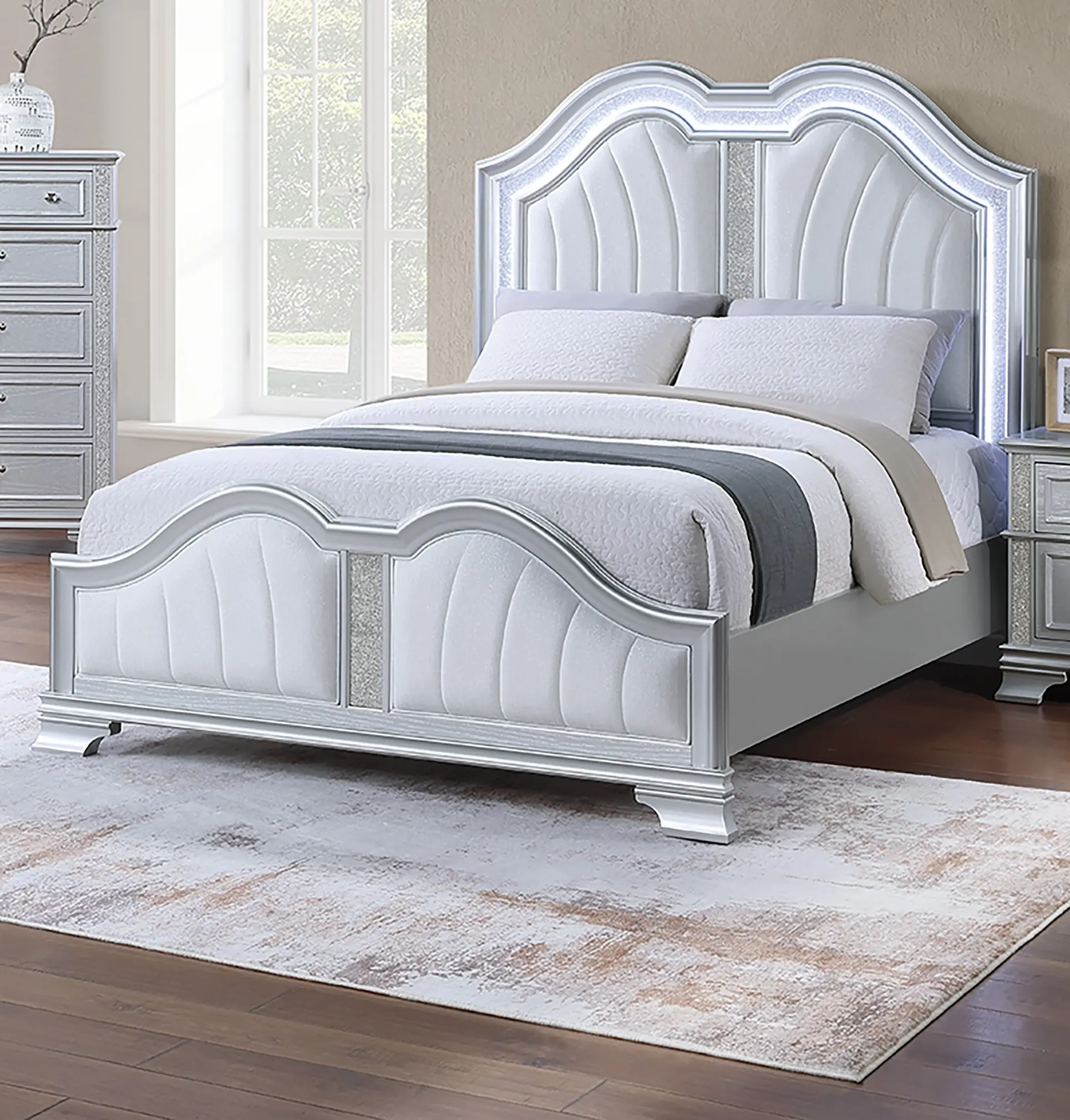 Bellemave Gray Curved Fabric Bed Frame with Cushioned Headboard, Built-In USB Port, Twin Trundle, Rattan Accents, LED Lights, Glitter Stripe - Contemporary Indoor Bedroom Furniture (1pc)