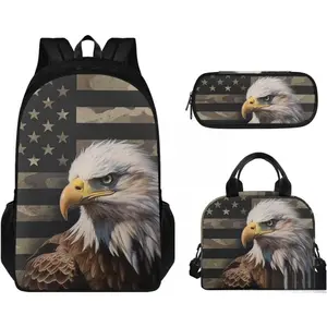 Teens Backpack Set of 3, 17Inch Bald Eagle American Flag Bookbag with Lunch Tote Bag & Pencil Case for Girls Boys- Elementary/Middle School Backpack Set