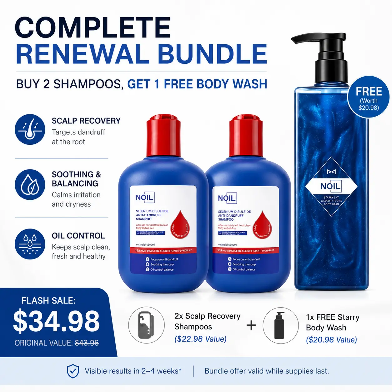NOIL 3pc Shower Set: 2x Anti-Dandruff Shampoo & 1x Dual-Acid Acne Body Wash | Salicylic Acid for Back Acne, Clogged Pores & Itch Relief | Complete Hair & Body Care Kit for Dandruff Control & Clear Skin