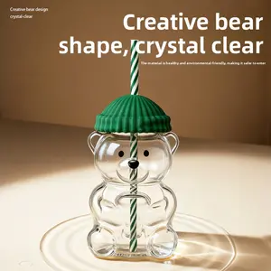 Little Bear Glass Cup High Borosilicate Cartoon Bear Straw Creative Water Cup Cold Heat Resistant Teddy Bear Cup with Green Hat stick-on light holder cabbage shredder multifunctional kitchen gadget party decor gift Drinkware