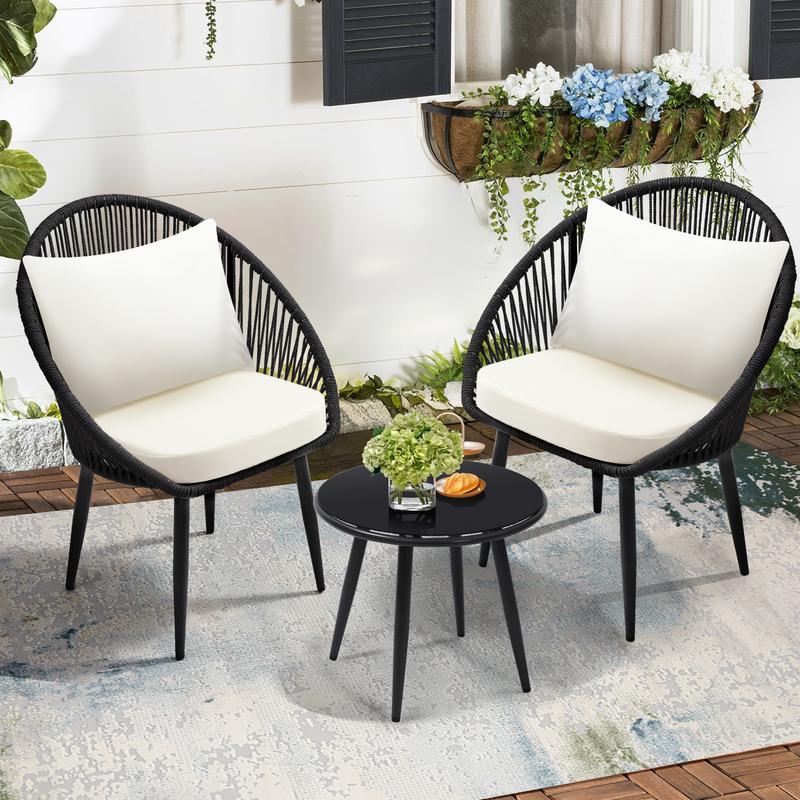 3-Piece All-Weather Bistro Set – Woven Rope Chairs with Cushions & Side Table, Modern Black Patio Set for Balcony, Poolside & Outdoor Lounging