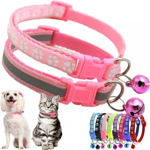 2pcs (Random Color)Reflective Breakaway Cat Collar with Bell & Cute Paw Print, Adjustable Nylon Safety Pet Collar for Kittens Small Puppies, Night Visible Anti-Lost Dog Collar with Quick Release Buckle