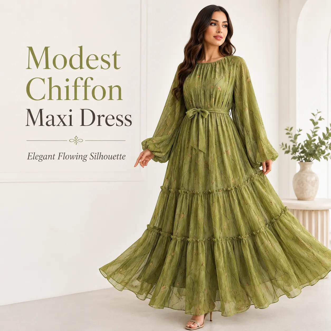 Women’s Modest Chiffon Maxi Dress, Floral Print Long Sleeve Abaya Style Dress with Waist Tie, Loose Fit Tiered Ruffle Hem Dress for Eid, Ramadan, Wedding, Party & Daily Wear