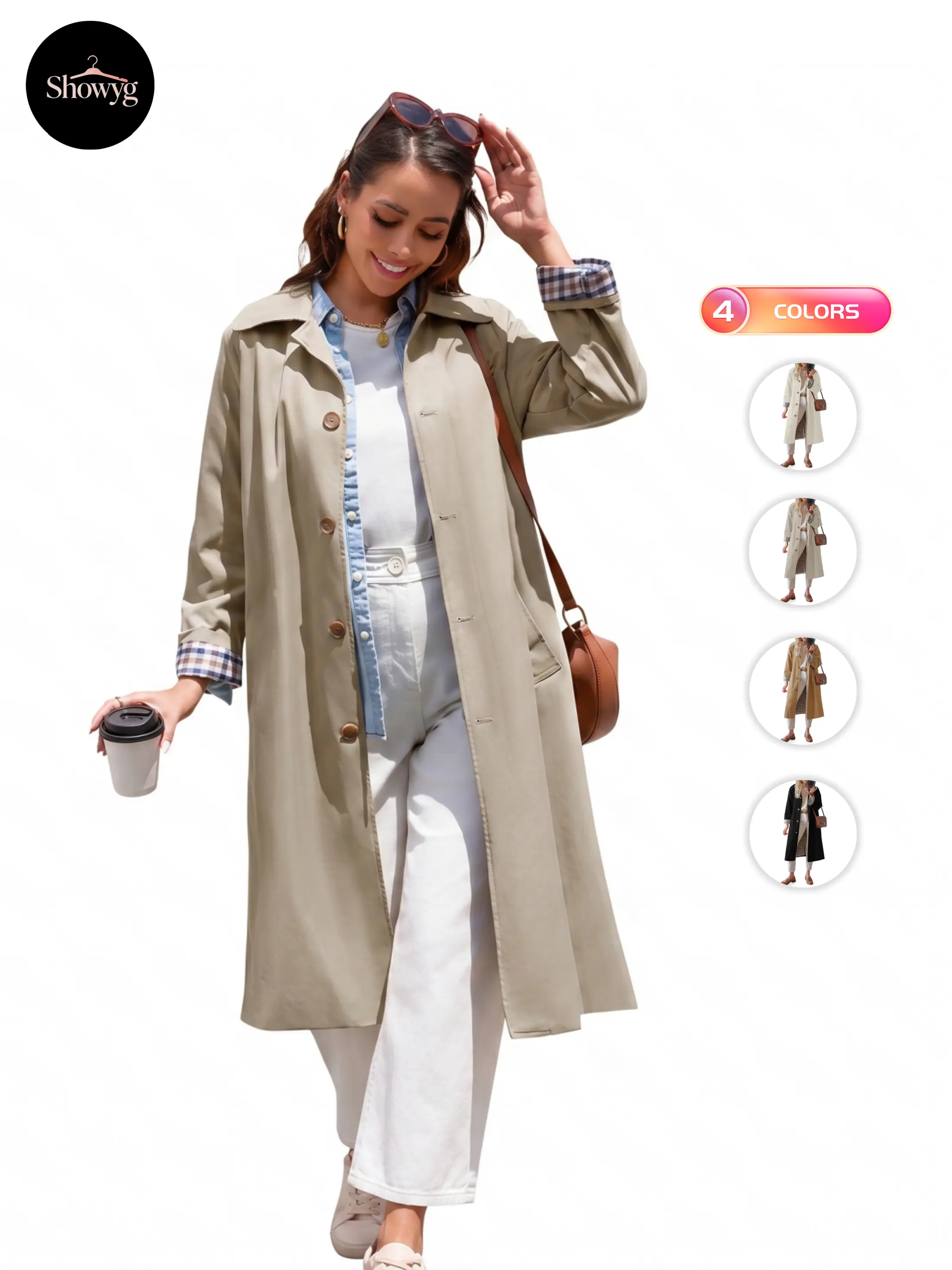Showyg Women's Long Oversized Single Breasted Windproof Trench Coat, Button Down Outerwear with Plaid Lining, Lightweight Trendy Fall Fashion Jacket