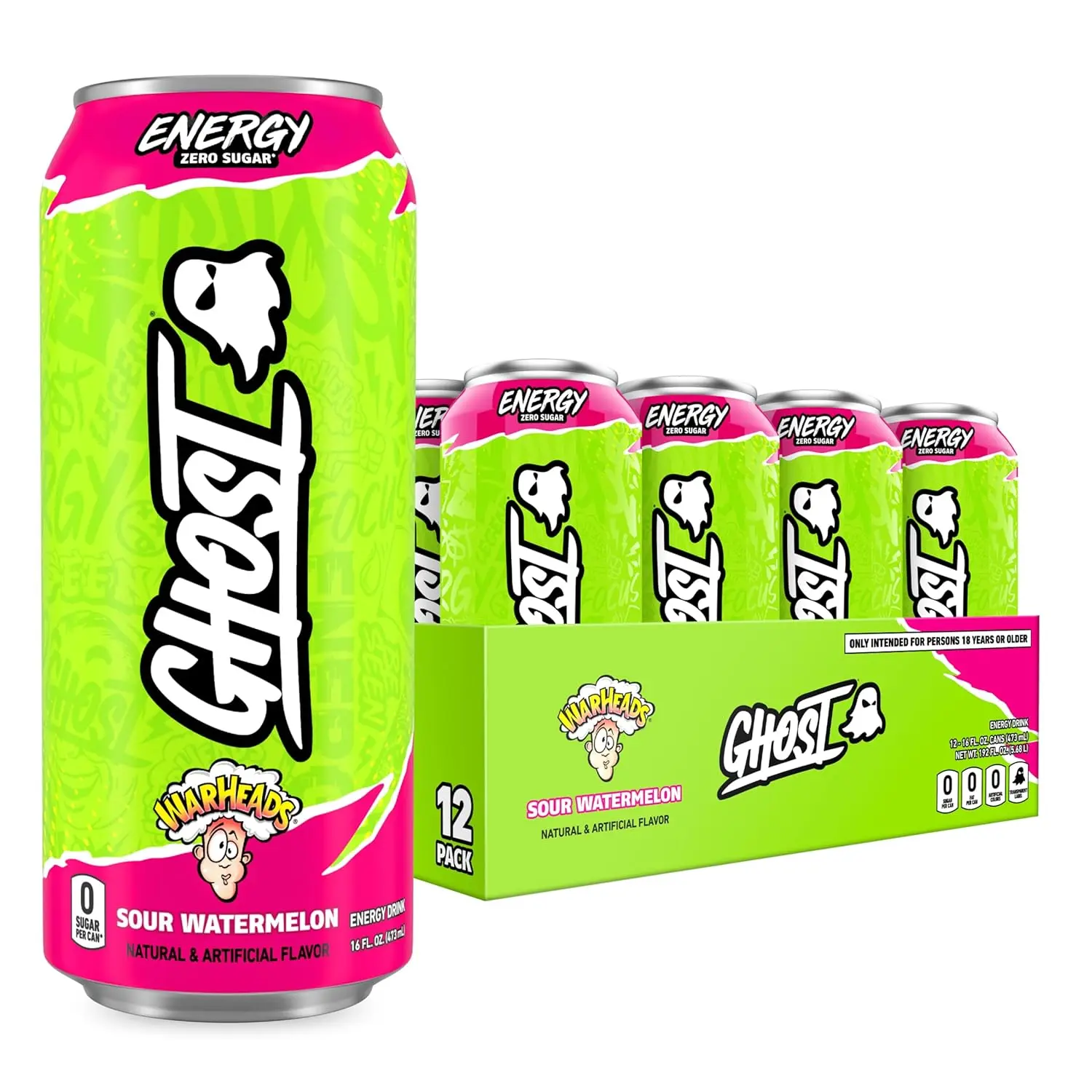 Drink, Warheads Sour Watermelon Flavor, 16oz 12-Pack, 0 Sugars, Sport Beverage, Pre Workout Energy & Focus Drink, No Artificial Colors, Gluten-Free, Vegan, 200MG Natural Caffeine, L-Carnitine, Taurine