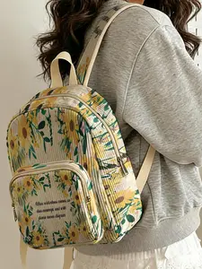 1 piece of sunflower floral + 'Elegant Flower Language' 2D printed lady's backpack, corduroy texture + layered storage + lightweight and easy to carry | perfect for students to go to class/shopping/short trips | combination of atmosphere and practicality