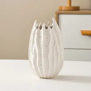 Nordic Style Textured Bud Ceramic Vase, Artistic Wave Mouth Flower Arranger, Living Room Dining Table Decorative Ornament