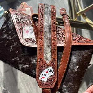 Players Choice Ace Crossbody Tooled Leather and Cowhide Crossbody Bag with Intricate Floral Design and Card Accent