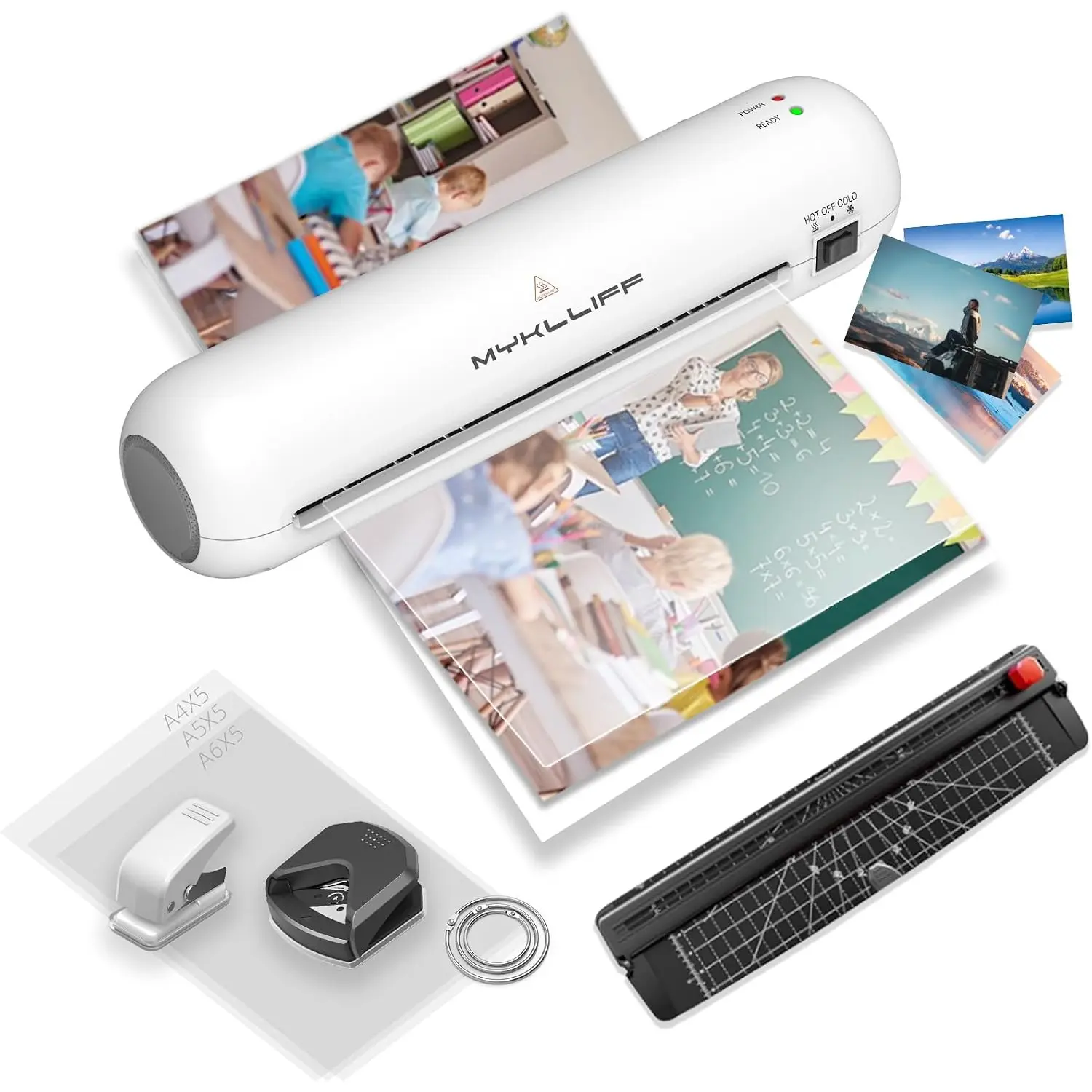 Laminator Machine 9-Inch Thermal Laminater with Hot & Cold Modes, A4 Laminating Machine with ABS Jam-Release, 3-Min Warm-Up, 6-in-1 Photo Laminator Kit for Home and Class, White