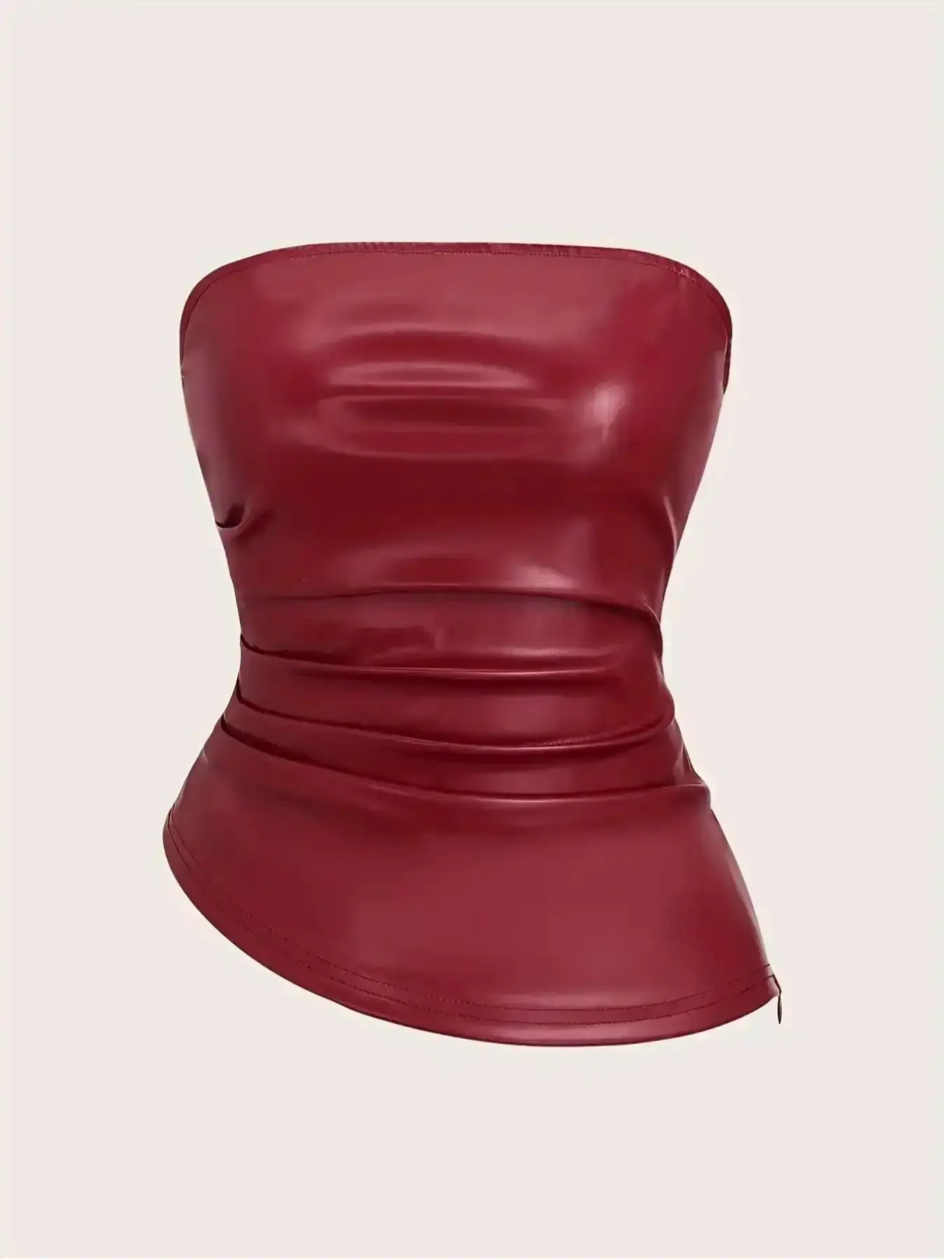 Burgundy Leather Halter Top, Fashionable Smooth Ruched Asymmetrical Side Zipper, High Street Sexy Fitted Women's Sleeveless Shirt Lady, Womenswear