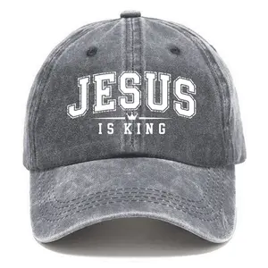 Jesus Is King Varsity Style Washed Black Baseball Cap | Christian Faith Adjustable Hat Christian Gift