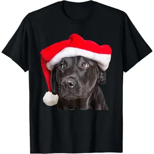 Cute Black Lab Santa Hat Christmas Dog Labrador Retriever T-Shirt, 100% Cotton, Single Side Printed, Black Short Sleeve T-shirt, 1 pc, Christmas Halloween Thanksgiving Gift