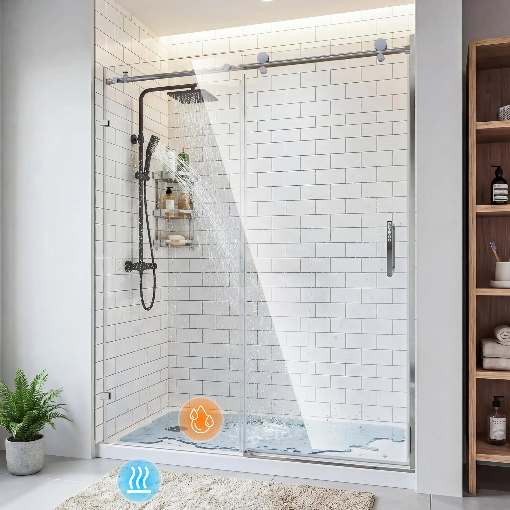 CAMMOO Frameless Magnetic Sliding Interior Shower Door, 56-60" W x 75" H, Bright Silver 5/16" (8mm) Thick Tempered Glass, Leak-Proof Seals, Stainless Steel Hardware, Easy-Clean Nano Coating