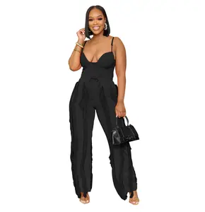 Acelyn Outfits Women Sexy 2 Piece Fringe Pant Set Halter V Neck Bodysuit Tassel Long  Tracksuit Bodycon Club Jumpsuit two-piece pant