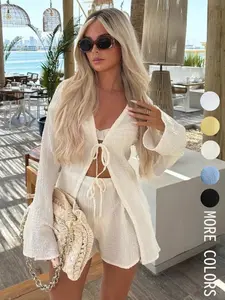 Women's Solid Tie Front Long Sleeve Top & Shorts Set, Casual Fashion Cozy Two-piece Set for Daily Holiday Vacation Wear, Ladies Clothes for Summer, Womenswear