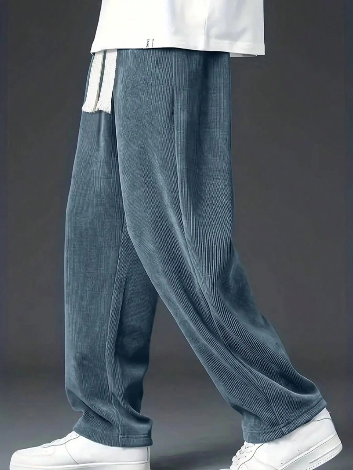 Men's Camo Print / Solid Drawstring Waist Corduroy Pants, Loose Casual Comfy Elastic Waist Straight Leg Trousers for Spring & Fall, Men Bottoms for Da