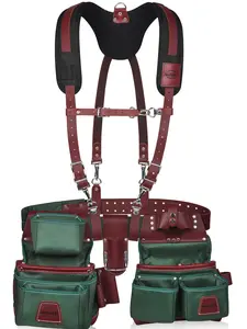 NUTUCH Green Leather & Nylon Tool Belt with Suspender for Construction and Electrician - 22 Pockets and Tool Holders