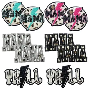 10-Piece Cool Leopard Print Letter Embroidery Iron-On Set, Mama Y'all Lightning Element Clothing Bag DIY Decoration Patches